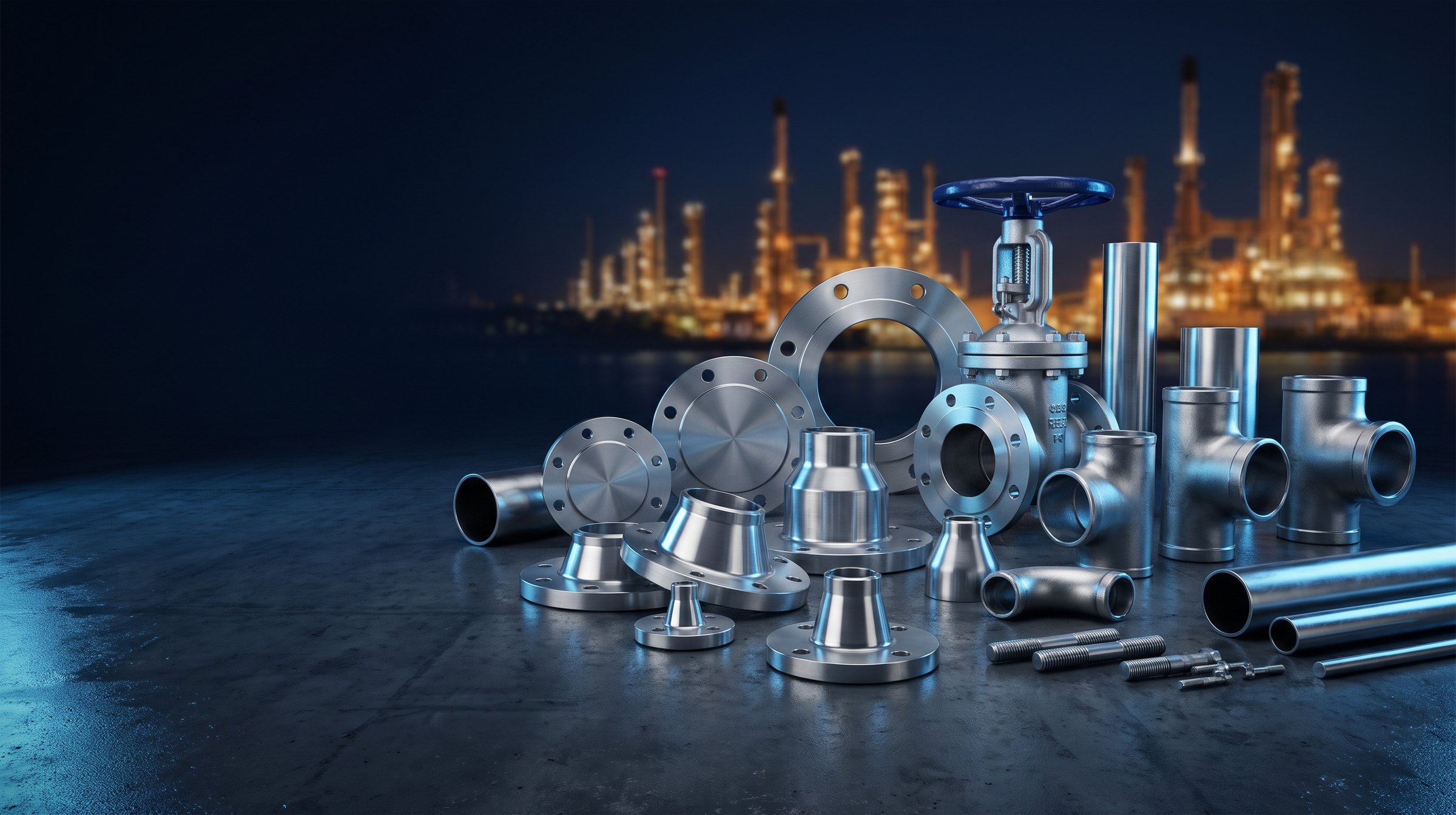 Werkzwise flanges, valves and pipe fittings in front of a petrochemical refinery